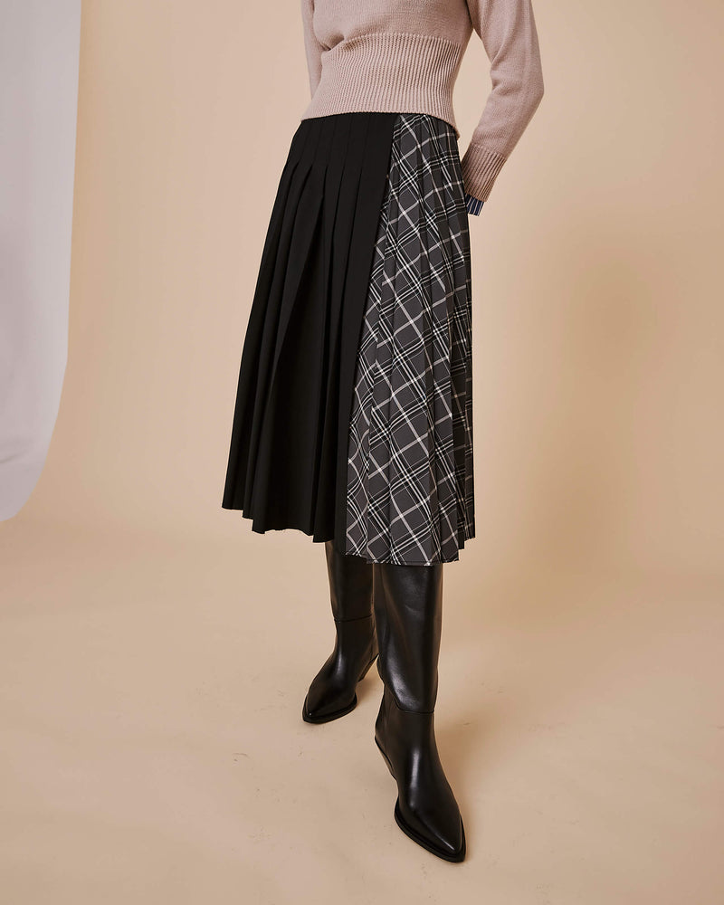 pleated checkered wrap skirt