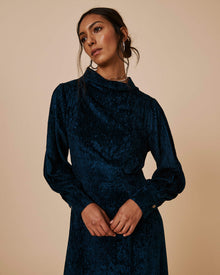 blue midi dress in velvet